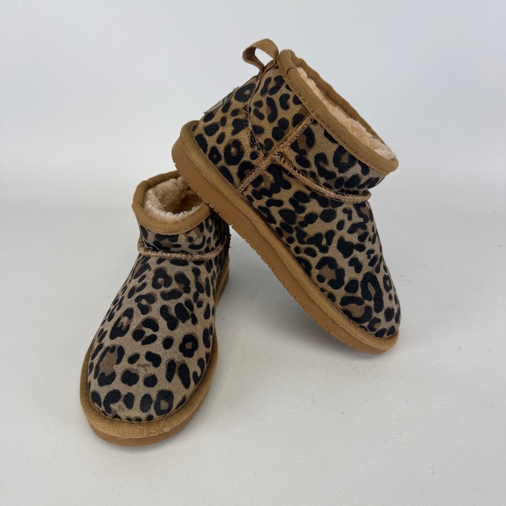 Bearpaw Kids Leopard Print Faux Fur Lined Ankle Boots Brown Tan Size 2